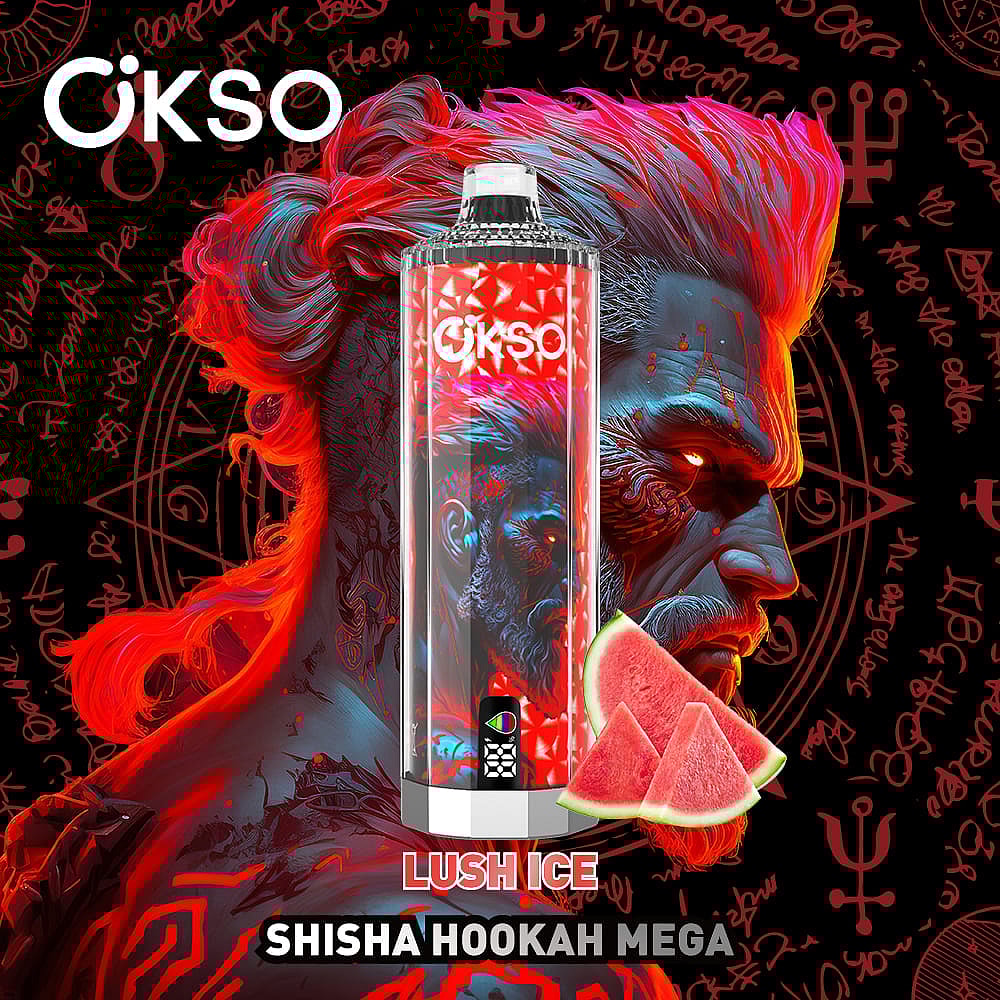 A Colorful, Stylized Image Of A Shisha Hookah Packaging Labeled 'Lush Ice' On A Dark, Patterned Background With Vivid Red And Black Graphics, Featuring Vibrant Hair Cascading From The Side.