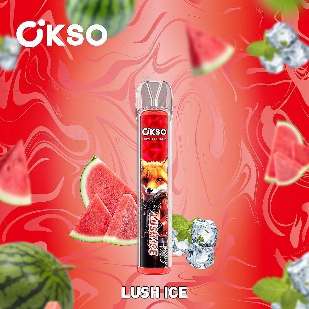 A Clear Vape Device Labeled 'Lush Ice' From Cokso, Surrounded By Watermelon Slices, Ice Cubes, And A Vibrant Red Background With Abstract Swirls.
