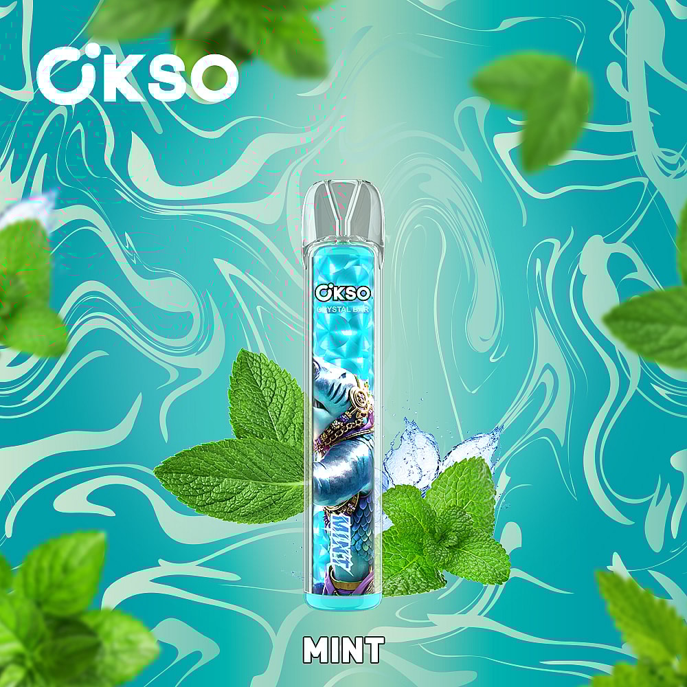 A Vibrant Mint-Flavored Vaping Device Featuring A Stylized Graphic Of An Aqua-Colored Character On A Swirling Turquoise Background, Surrounded By Fresh Mint Leaves And Labeled 'Mint'.