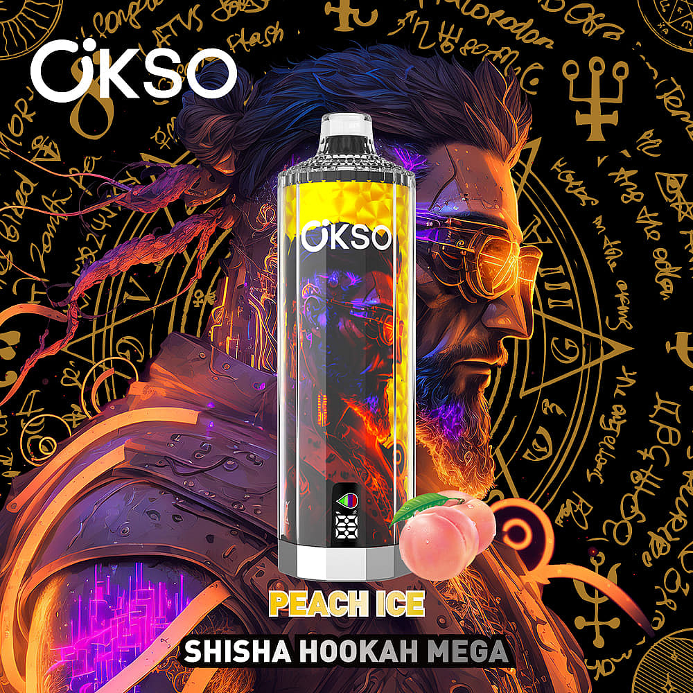 A Brightly Colored Shisha Hookah Labeled 'Peach Ice' With A Cartoon-Style Illustration Of A Man With Sunglasses And A Beard, Set Against A Dark, Mystical Background Featuring Symbols And Designs, Alongside A Peach Graphic.