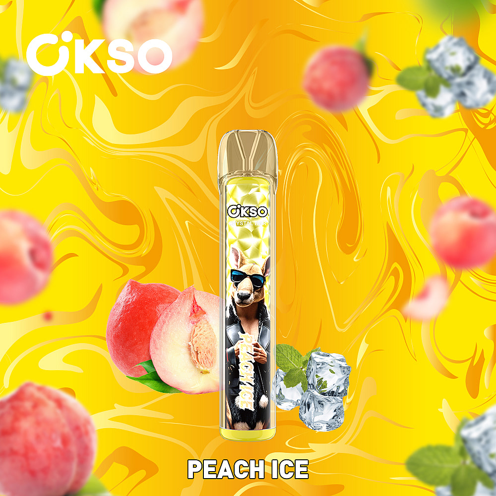 A Vibrant Packaging For A Vape Product Named 'Peach Ice', Featuring A Golden Vape Pen With A Playful Design, Surrounded By Fresh Peaches, Mint Leaves, And Ice Cubes Against A Bright Yellow Background.