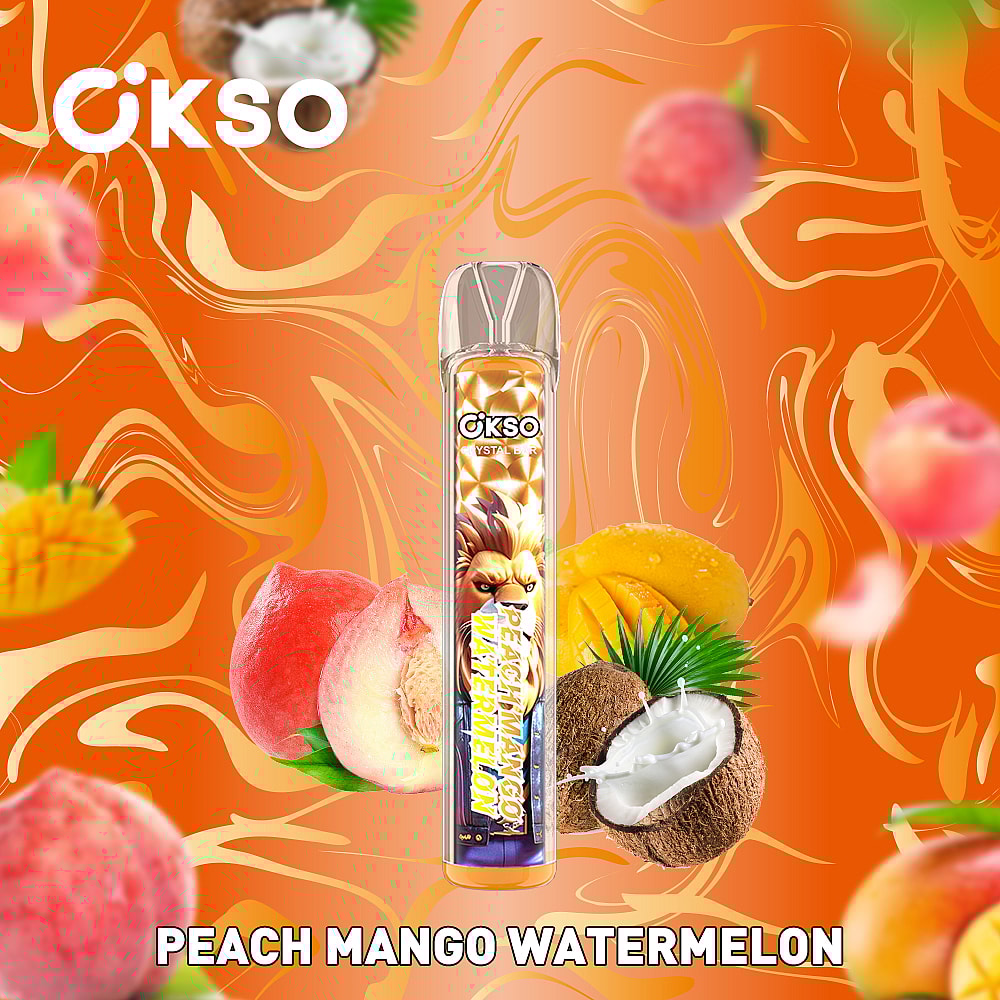 A Colorful Vape Device Labeled 'Peach Mango Watermelon' Surrounded By Illustrations Of Fresh Peaches, Mangoes, Watermelons, And Coconuts On An Orange, Wavy Background.