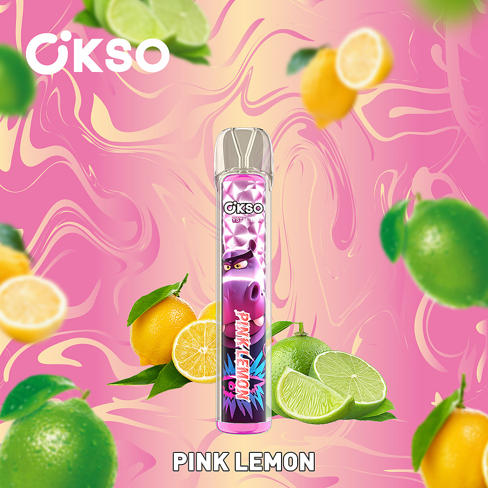 A Colorful Vape Bottle Labeled 'Pink Lemon' Featuring A Cartoon Pig Character Against A Vibrant Pink And Yellow Background With Various Lemons And Limes Around It.