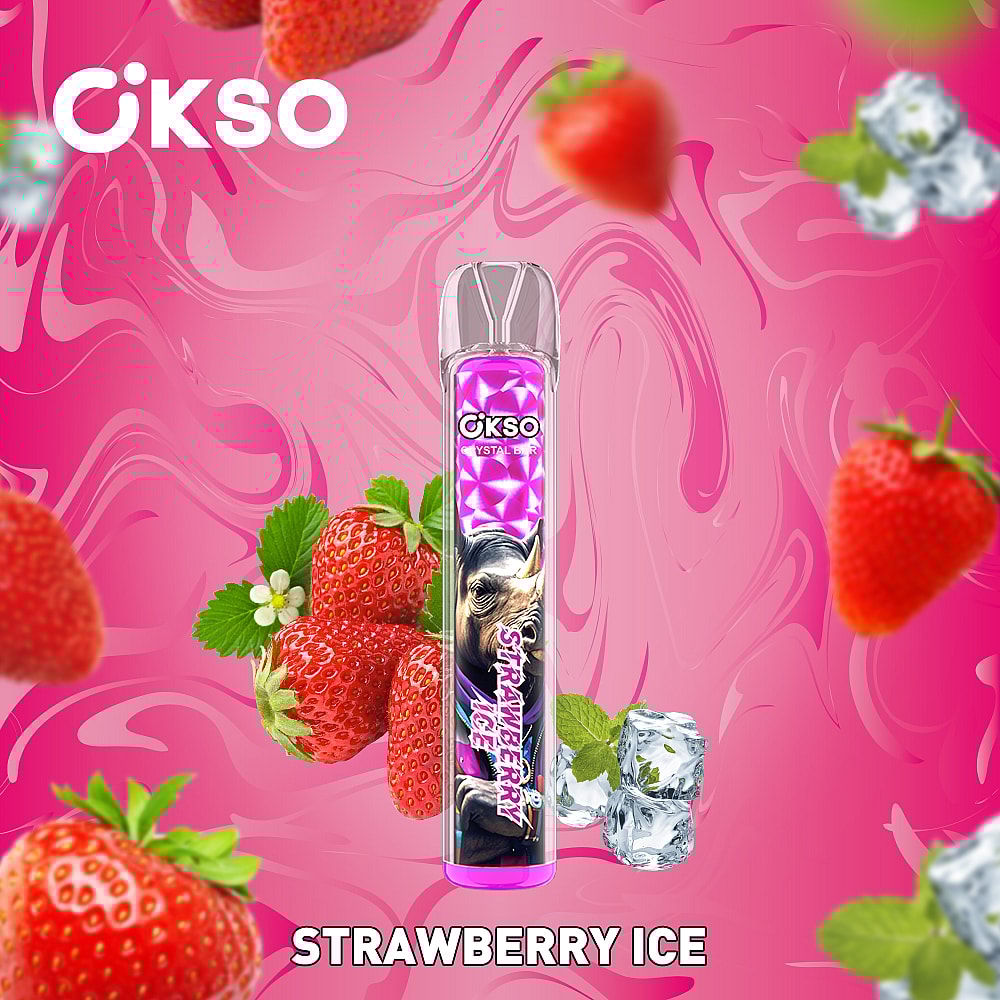 A Vape Pen Labeled 'Strawberry Ice' Stands Upright Against A Bright Pink Background With Splashes And Scattered Strawberries And Ice Cubes Around It, Conveying A Fruity And Refreshing Theme.
