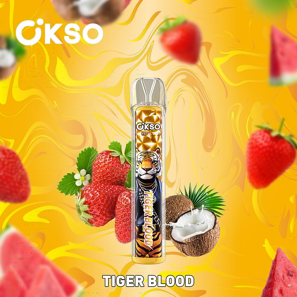 A Colorful Vape Pen Labeled 'Tiger Blood' Featuring A Tiger Graphic, Surrounded By Fresh Strawberries, Coconut Pieces, And A Vibrant Yellow Background With Swirling Patterns.