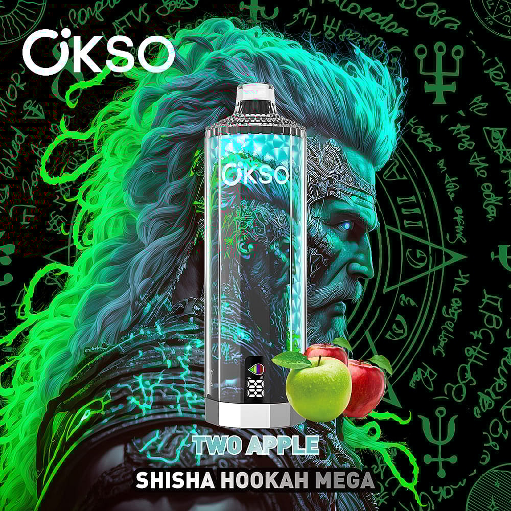 A Vibrant Promotional Graphic Featuring A Hookah Bottle Labeled 'Ökso' With A Two Apple Flavor, Accompanied By Green And Red Apples At The Bottom, Against A Dark Background With Glowing Outlines Of Mystical Symbols And A Stylized Hair Motif.