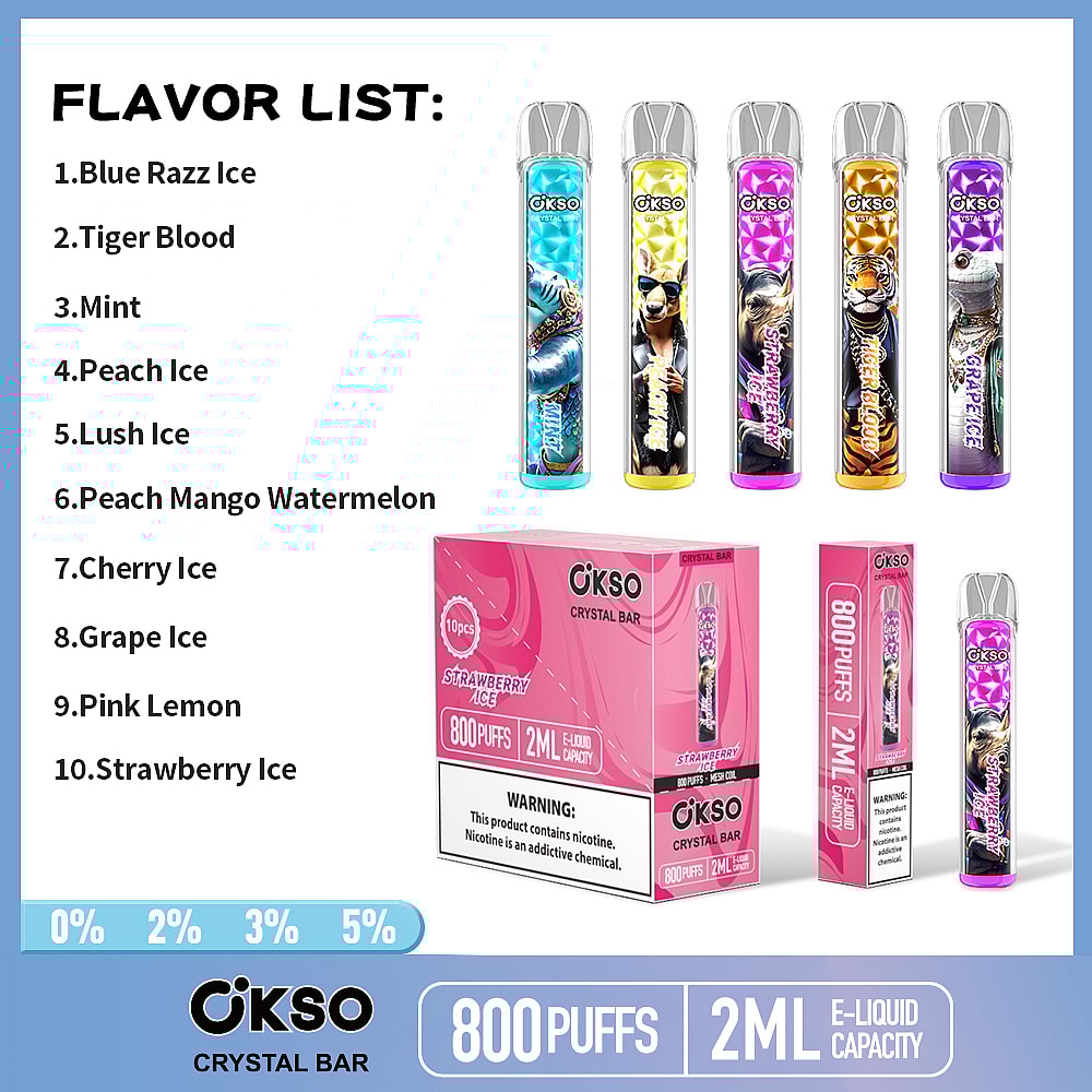 A Colorful Display Of Okso Crystal Bar Vape Flavors, Featuring Ten Distinct Flavors Listed Alongside A Pack Design, With Individual Vape Pens Showcasing Various Designs And Colors, And A Box Indicating 800 Puffs And 2Ml E-Liquid Capacity.