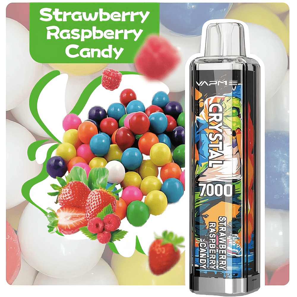 A vape device with colorful candy balls, strawberries, and raspberries, labeled "Strawberry Raspberry Candy" and "7000 puffs."