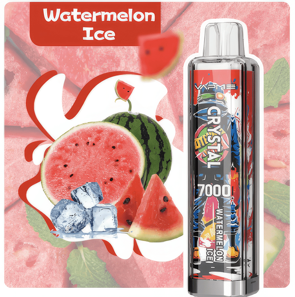 Watermelon Ice vape packaging featuring a colorful disposable vape device and imagery of watermelon slices, ice cubes, and a mint leaf.