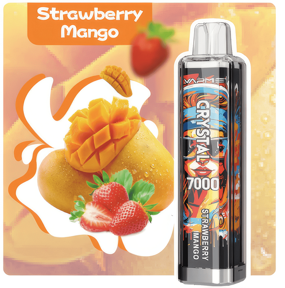 A vape device labeled "Crystal 7000" with a colorful design next to images of a sliced mango and strawberries, with text reading "Strawberry Mango."