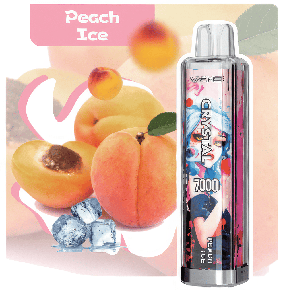 A vape device labeled "Crystal 7000" with a "Peach Ice" flavor, displayed alongside fresh peaches and ice cubes in the background.