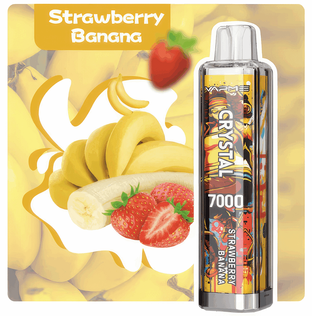 "Strawberry Banana" vape pen with a colorful design, featuring images of fresh strawberries and bananas on the packaging, labeled "CRYSTAL 7000."