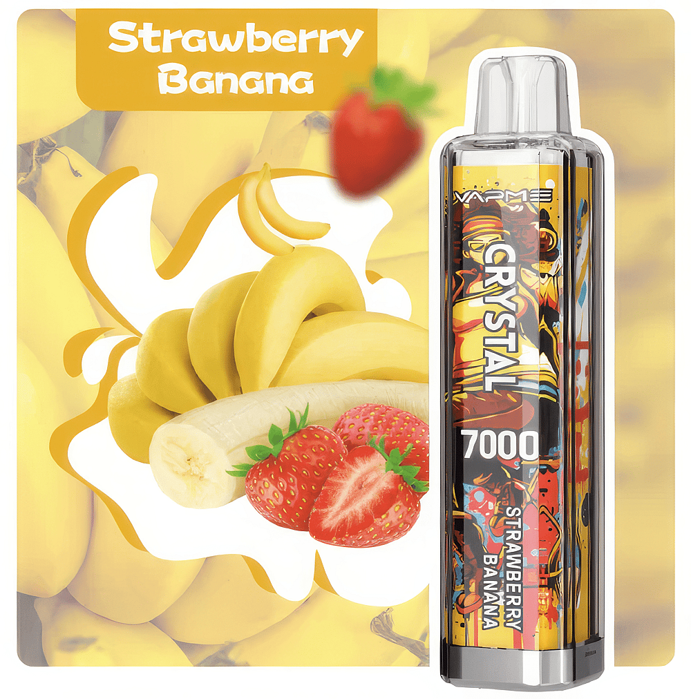 "Strawberry Banana" vape pen with a colorful design, featuring images of fresh strawberries and bananas on the packaging, labeled "CRYSTAL 7000."