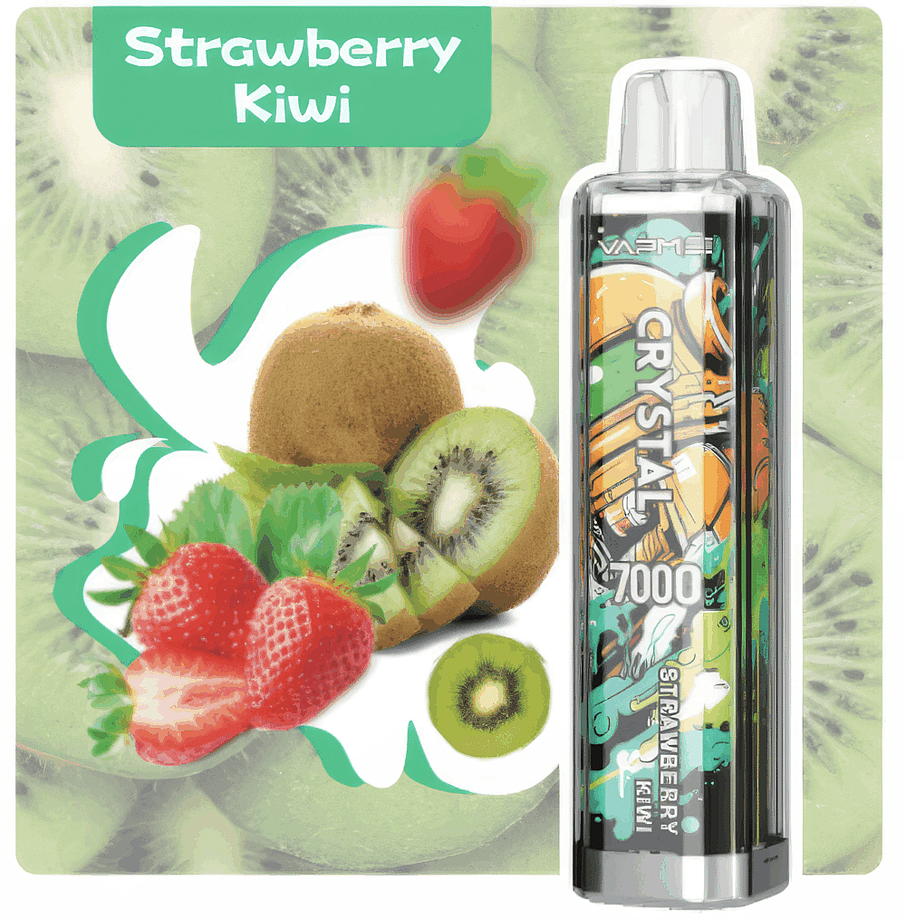 Product packaging for a strawberry kiwi flavored vape with an image of sliced kiwi and strawberries, surrounded by green and white design elements.