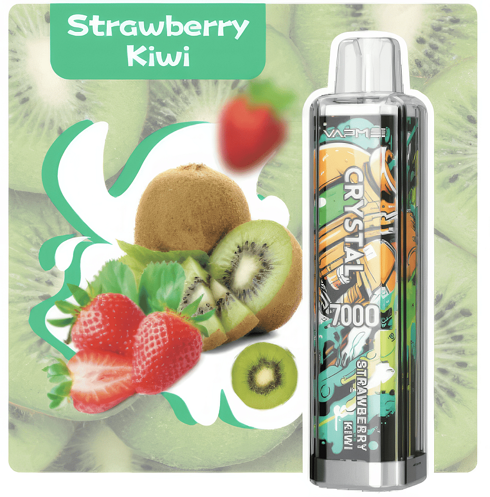 Product packaging for a strawberry kiwi flavored vape with an image of sliced kiwi and strawberries, surrounded by green and white design elements.