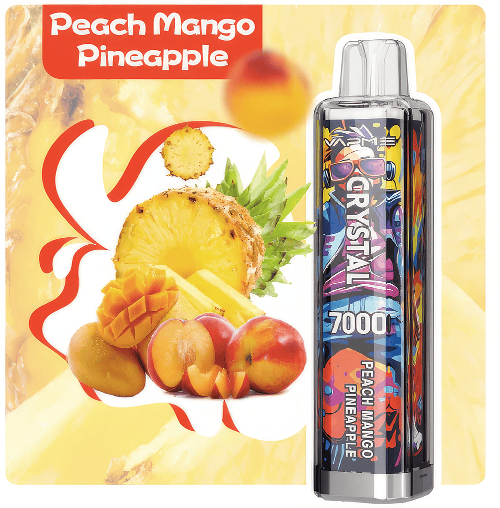 A vape device labeled "CRYSTAL 7000" with a colorful design, next to images of peach, mango, and pineapple fruits, with the text "Peach Mango Pineapple" in the background.