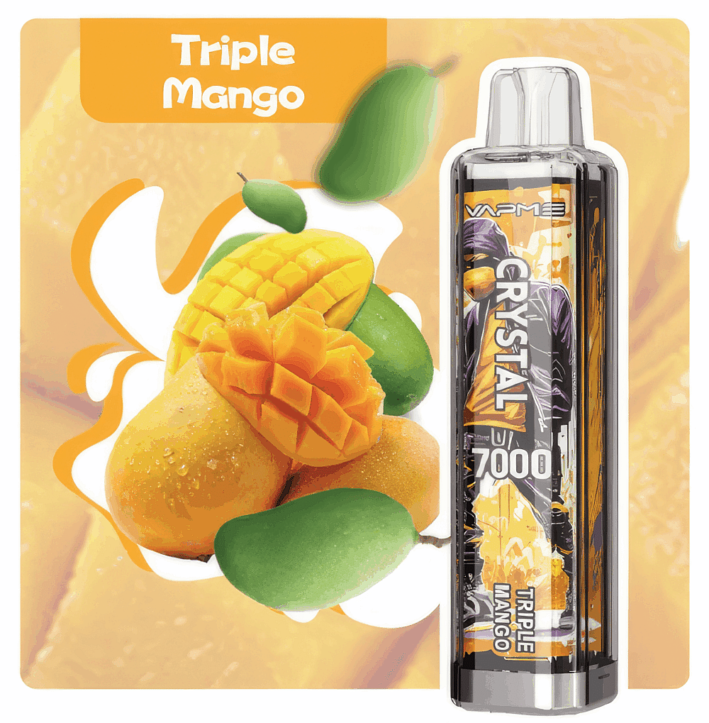 Vape device labeled "Triple Mango" with an image of three mangoes in different stages of ripeness.