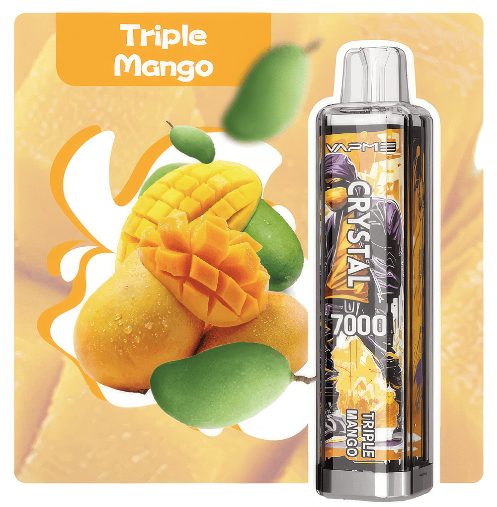 Vape device labeled "Triple Mango" with an image of three mangoes in different stages of ripeness.