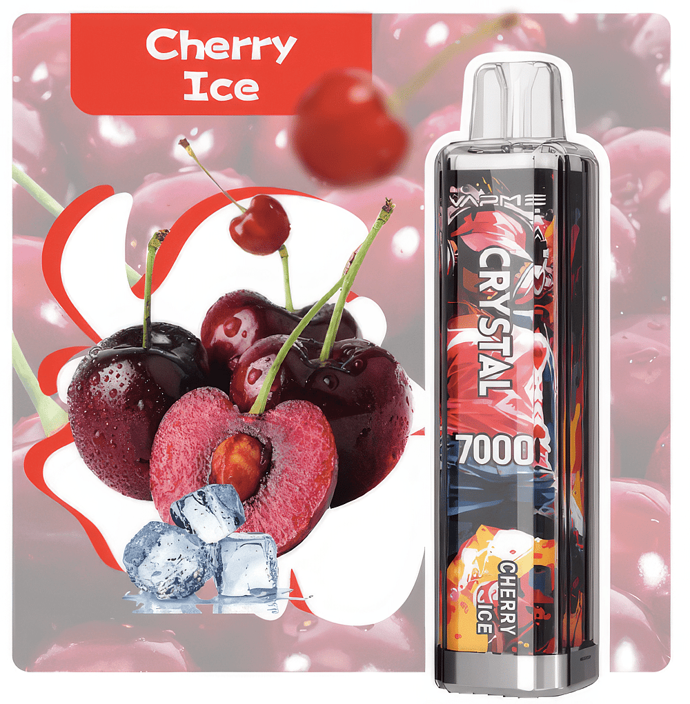 A vaping device labeled "Cherry Ice 7000" with an image of fresh cherries, a halved cherry, and ice cubes in the background.