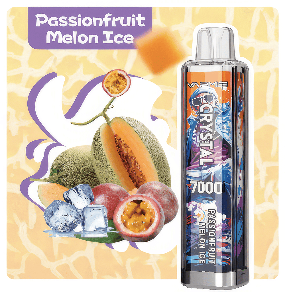 Vape device labeled "Passionfruit Melon Ice" with images of sliced cantaloupe, passionfruit, and ice cubes in the background.