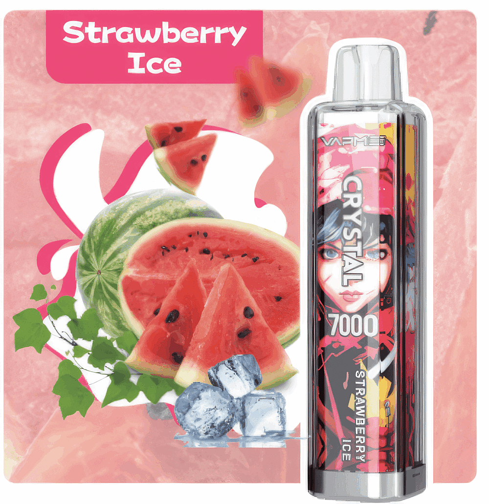 Vape device labeled "Strawberry Ice" with ice cubes and watermelon slices in the background.