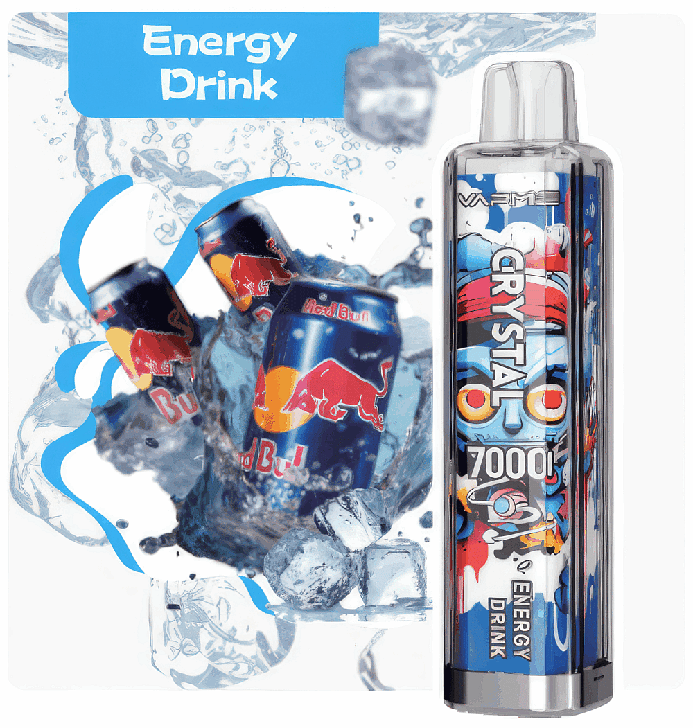 A vape device labeled "Crystal 7000" with an energy drink flavor next to splashing cans of Red Bull and ice cubes.