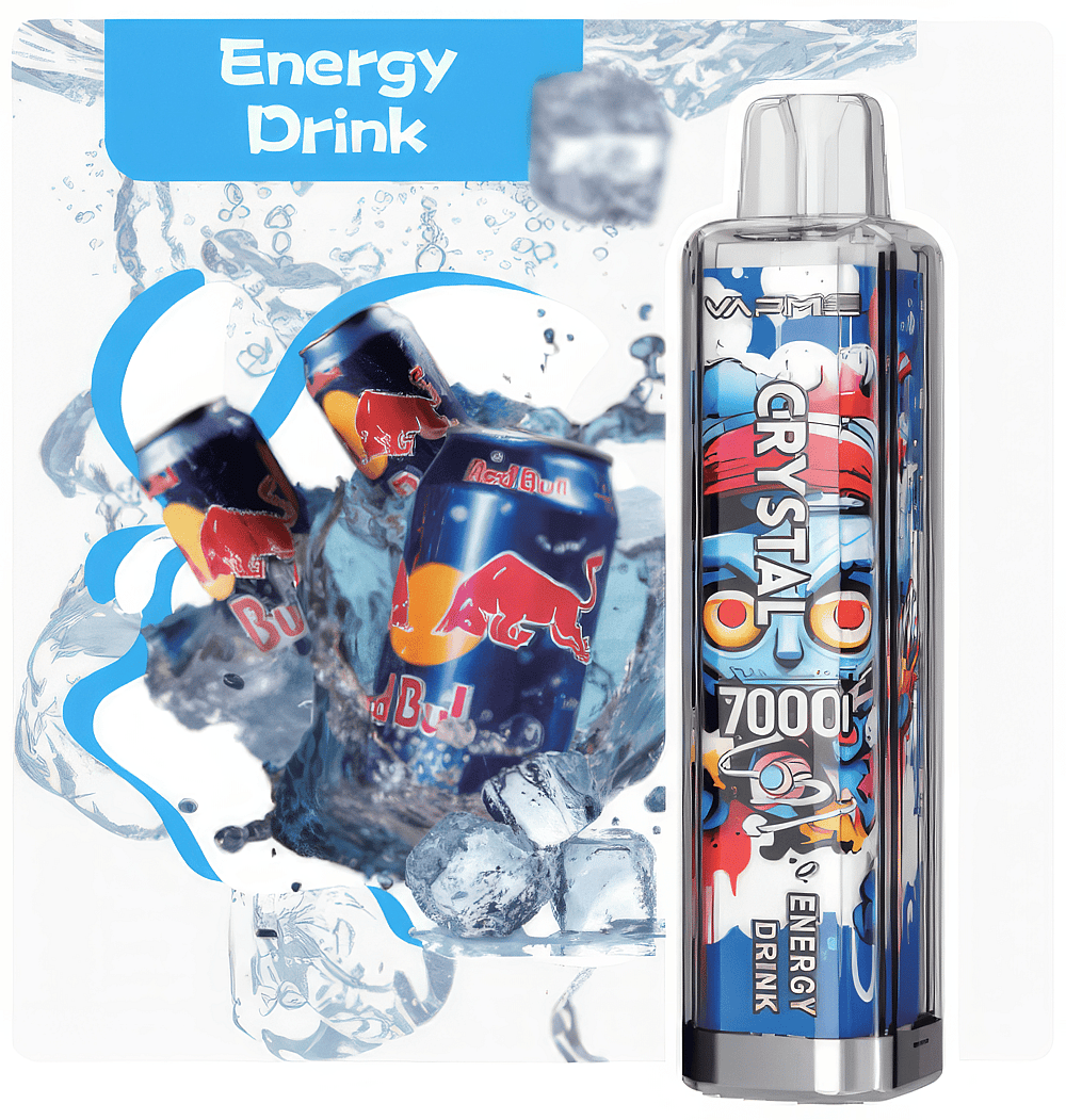 A vape device labeled "Crystal 7000" with an energy drink flavor next to splashing cans of Red Bull and ice cubes.