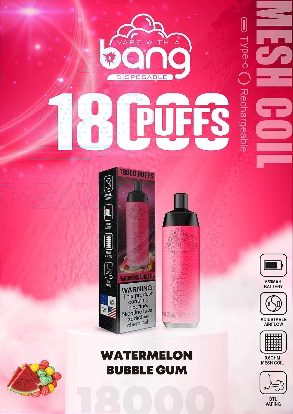 Imagen promocional del vaporizador desechable "Bang" con 18.000 bocanadas, con sabor a "Watermelon Bubble Gum", una batería recargable de 650 mAh, flujo de aire ajustable, bobina de malla de 0,6 ohmios y puerto de carga tipo C.