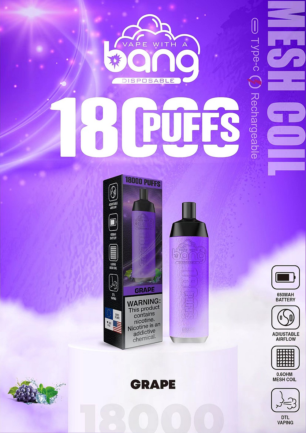 Dispositivo de vapeo desechable morado con la marca "Bang", que ofrece 18 000 bocanadas, sabor a uva, resistencia de malla, recargable a través de Type-C, batería de 650 mAh, flujo de aire ajustable y vapeo DTL. La etiqueta de advertencia indica que el producto contiene nicotina.
