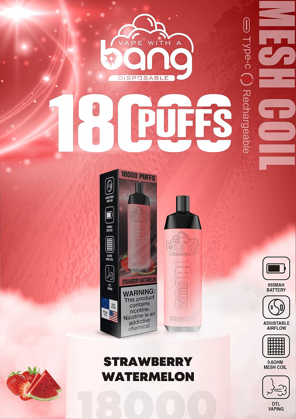 Embalaje de producto de vapeo que muestra un vaporizador desechable con sabor a sandía y fresa con 18 000 bocanadas, resistencia de malla, batería de 650 mAh, tipo C recargable y flujo de aire ajustable. La etiqueta de advertencia indica que el producto contiene nicotina.