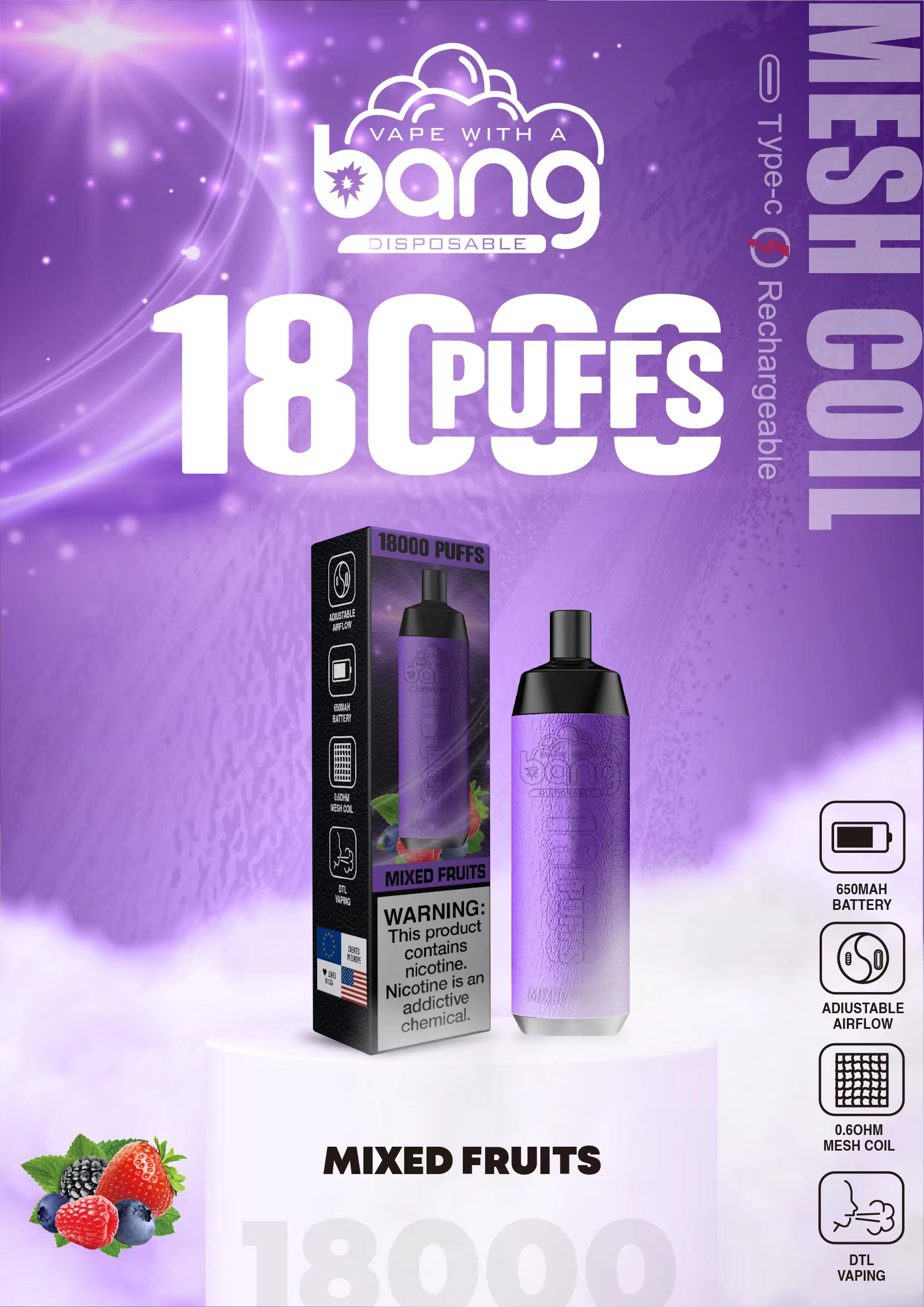 "Empaque de vaporizador morado con la marca 'Bang Disposable', publicidad de 18 000 bocanadas con sabor a frutas mixtas, batería de 650 mAh, flujo de aire ajustable, bobina de malla de 0,6 ohmios y capacidad de recarga tipo C".