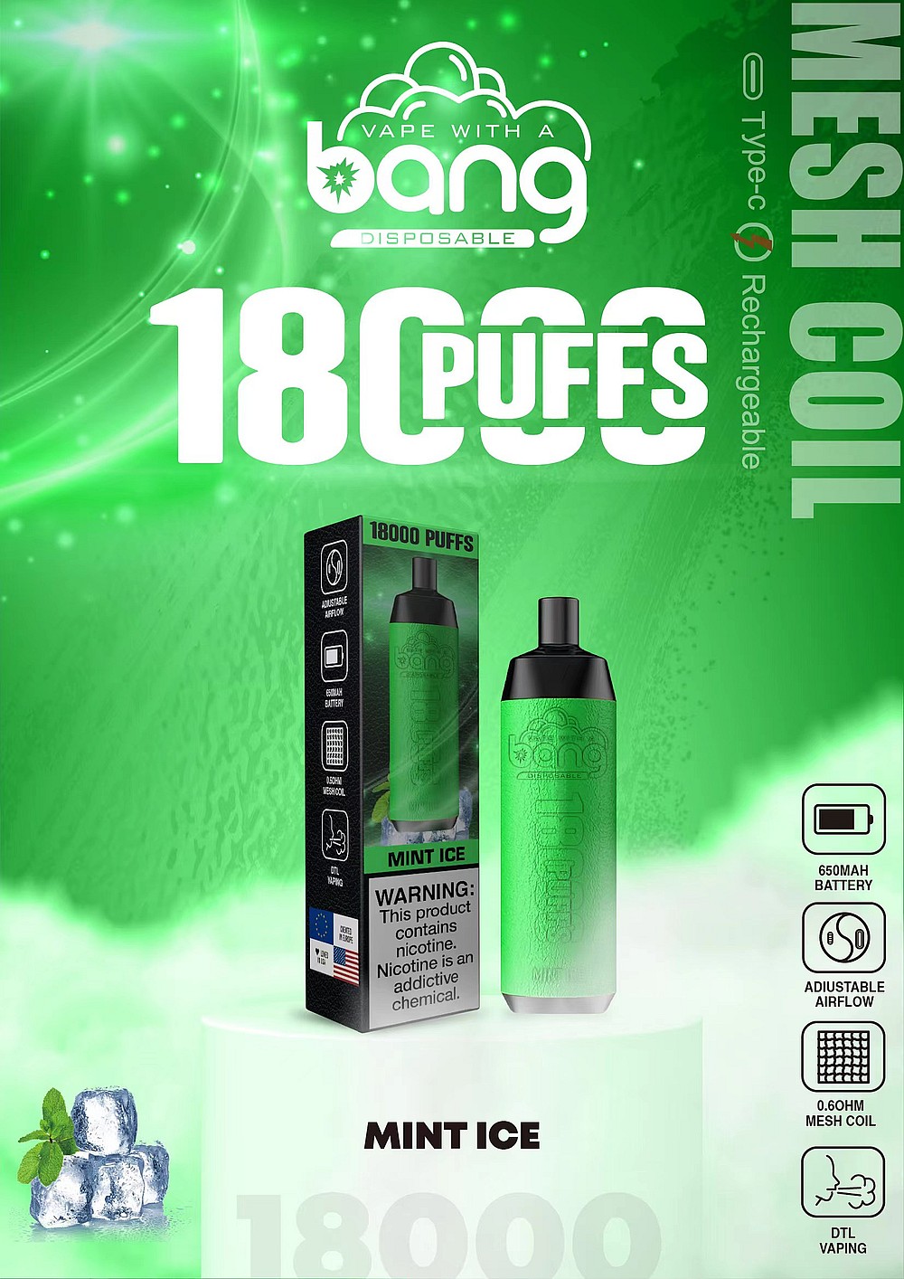 Embalaje de producto de vapeo para un vape desechable "Bang" con 18.000 bocanadas, sabor a hielo de menta, batería de 650 mAh, flujo de aire ajustable y bobina de malla de 0,6 ohmios.