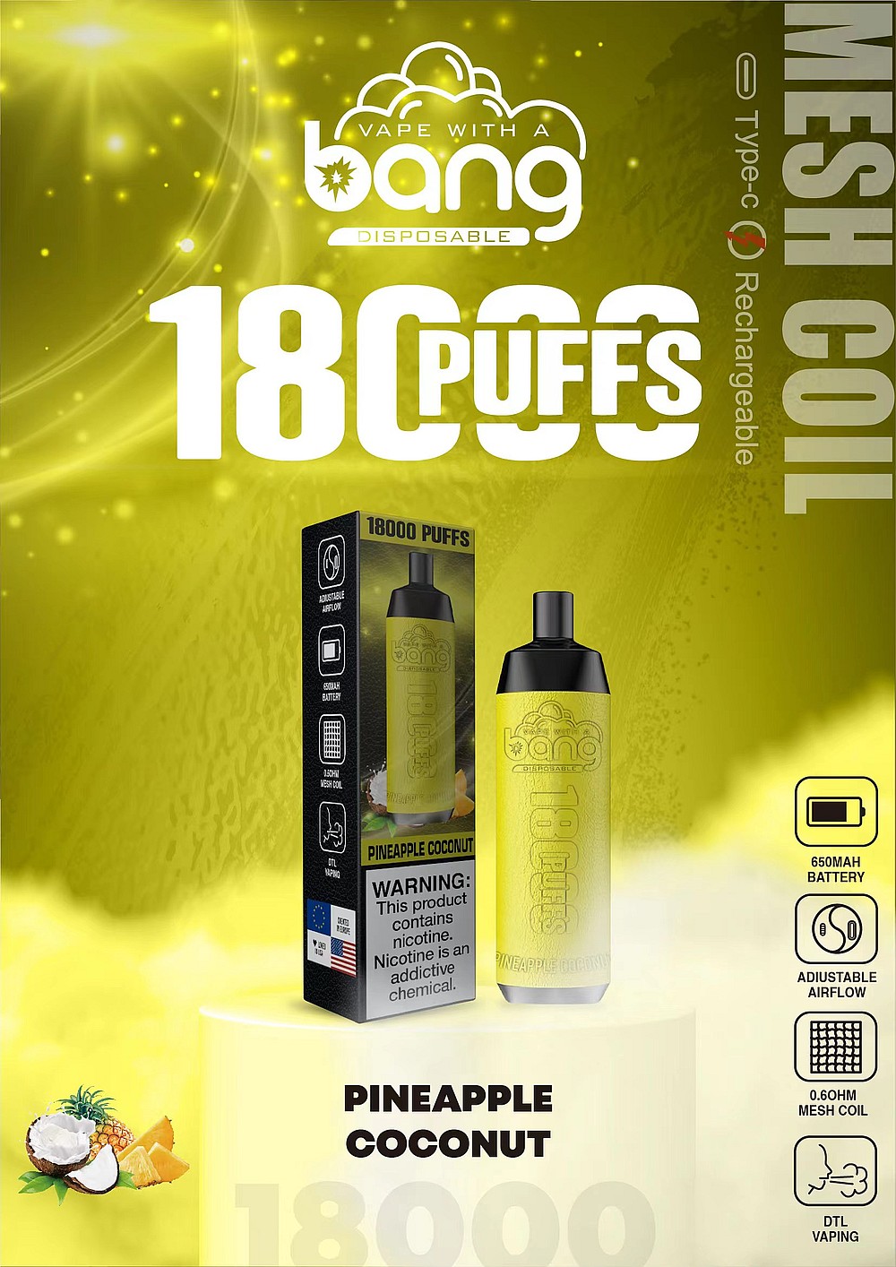 Vaporizador desechable Bang con sabor a piña y coco, que ofrece 18.000 bocanadas con una batería de 650 mAh, flujo de aire ajustable y bobina de malla de 0,6 Ω.