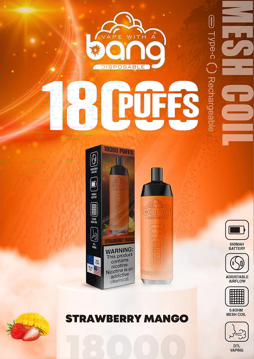Dispositivo de vapeo desechable Bang, sabor a mango y fresa, 18.000 bocanadas, recargable con puerto tipo C, batería de 650 mAh, flujo de aire ajustable, bobina de malla de 0,6 ohmios, estilo de vapeo DTL.