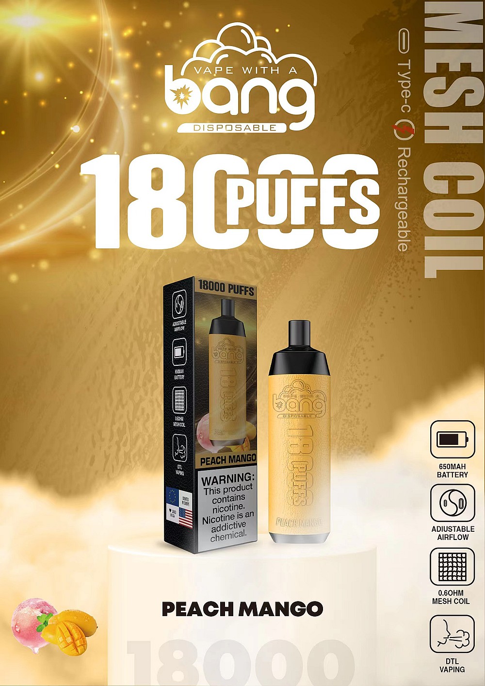 Dispositivo de vapeo desechable Bang con sabor a mango y melocotón, que ofrece 18.000 bocanadas, cuenta con una batería de 650 mAh, flujo de aire ajustable, bobina de malla de 0,6 ohmios y funcionalidad recargable tipo C.