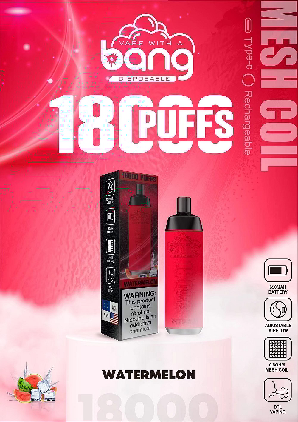 Un dispositivo de vapeo desechable rojo con la marca "Bang", con 18.000 bocanadas, sabor a sandía, bobina de malla, batería recargable tipo C de 650 mAh y flujo de aire ajustable.