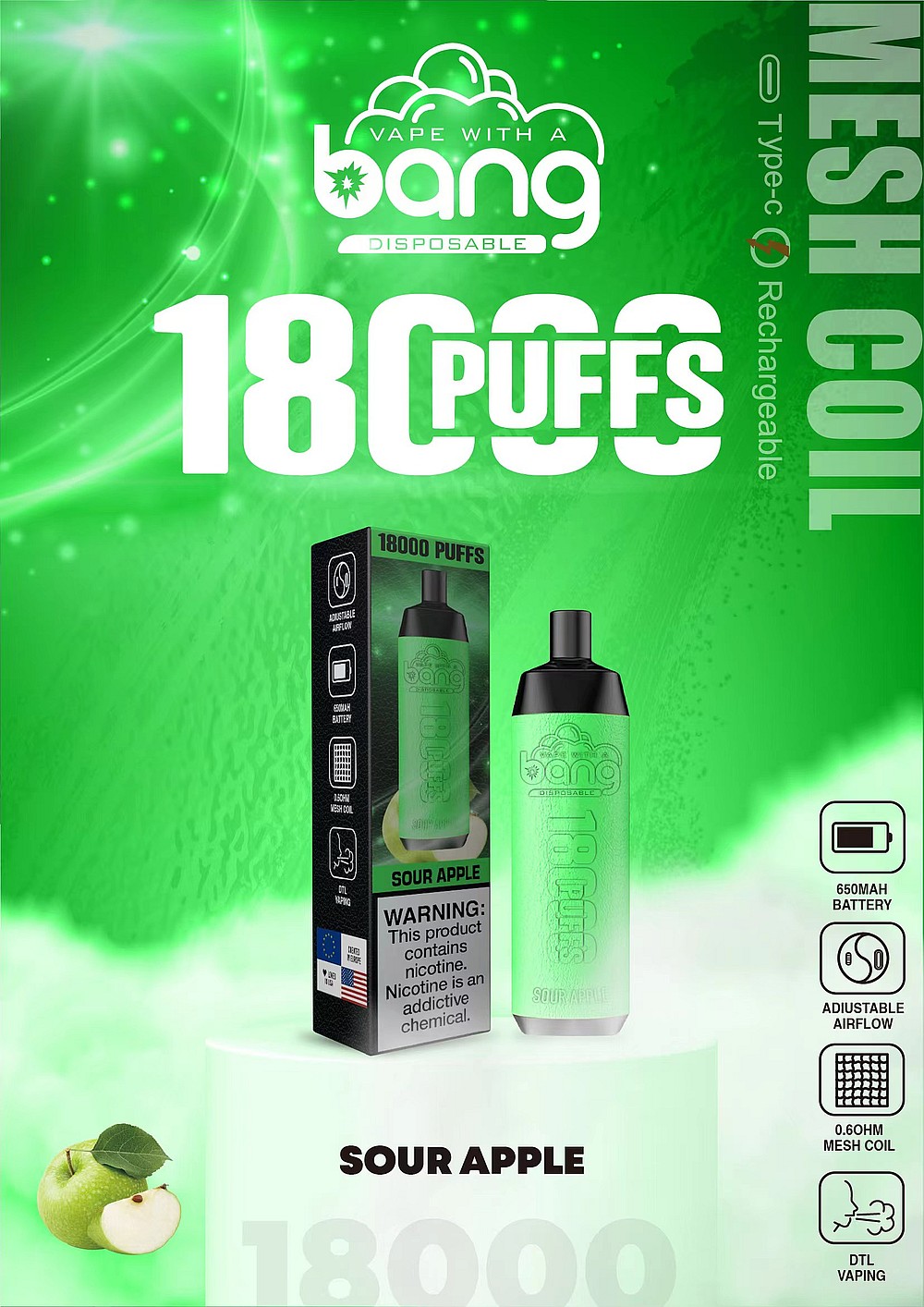 Anuncio de producto de vapeo para un dispositivo desechable con sabor a "manzana agria", que incluye "18 000 bocanadas", una batería de 650 mAh, flujo de aire ajustable, bobina de malla de 0,6 ohmios, capacidad de recarga tipo C y una etiqueta de advertencia de nicotina.
