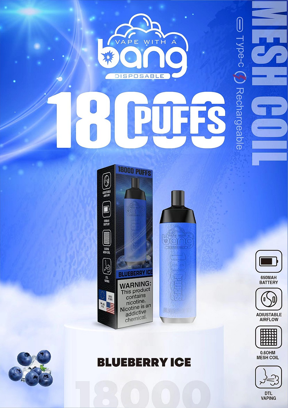 Dispositivo de vapeo azul con la marca "Bang Disposable", etiquetado "Blueberry Ice", con 18.000 bocanadas, resistencia de malla, flujo de aire ajustable y una batería de 650 mAh.