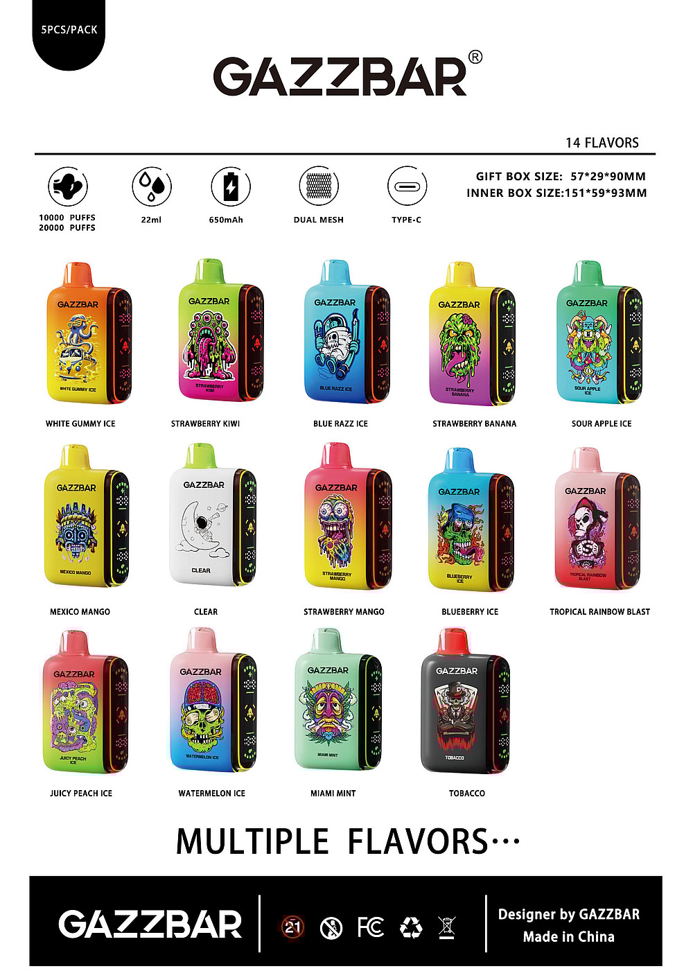 "Esposizione di prodotti per lo svapo Gazzbar con 14 gusti in design colorati e specifiche del prodotto tra cui 10.000-20.000 boccate, capacità di 22 ml, batteria da 650 mAh, doppia rete e ricarica di tipo C."