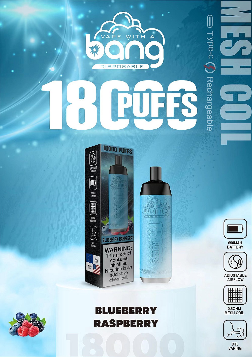 Dispositivo de vapeo desechable Bang con 18.000 bocanadas, sabor a arándano y frambuesa, batería de 650 mAh, flujo de aire ajustable, bobina de malla de 0,6 ohmios y recargable tipo C.