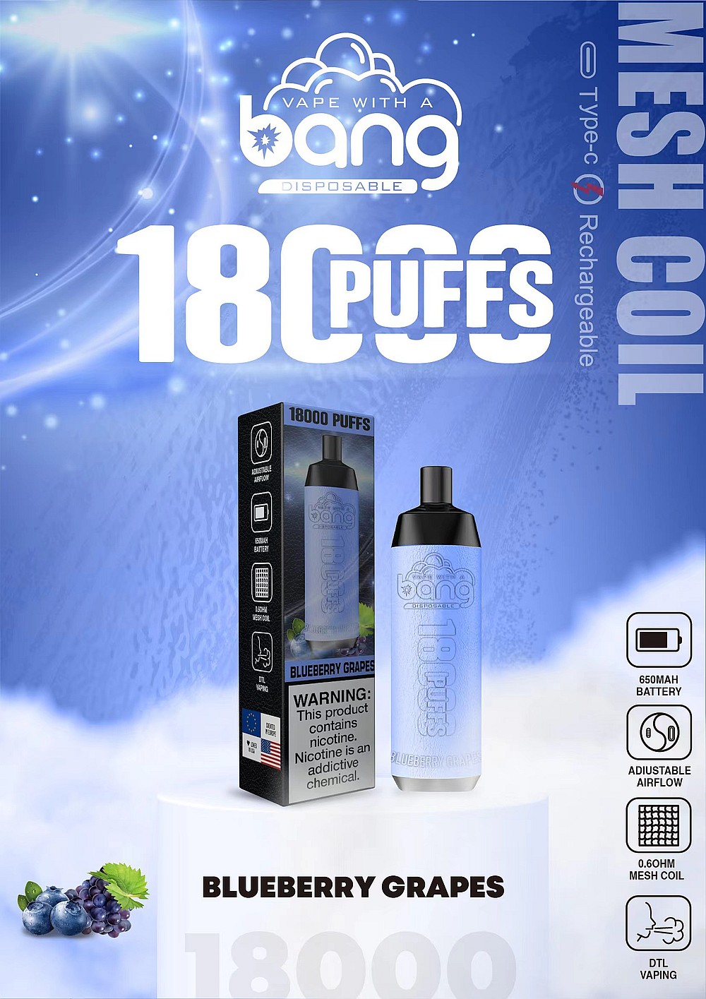 Envase de vape desechable con 18.000 bocanadas en sabor a uva y arándano, con batería recargable tipo C, resistencia de malla y 650 mAh.