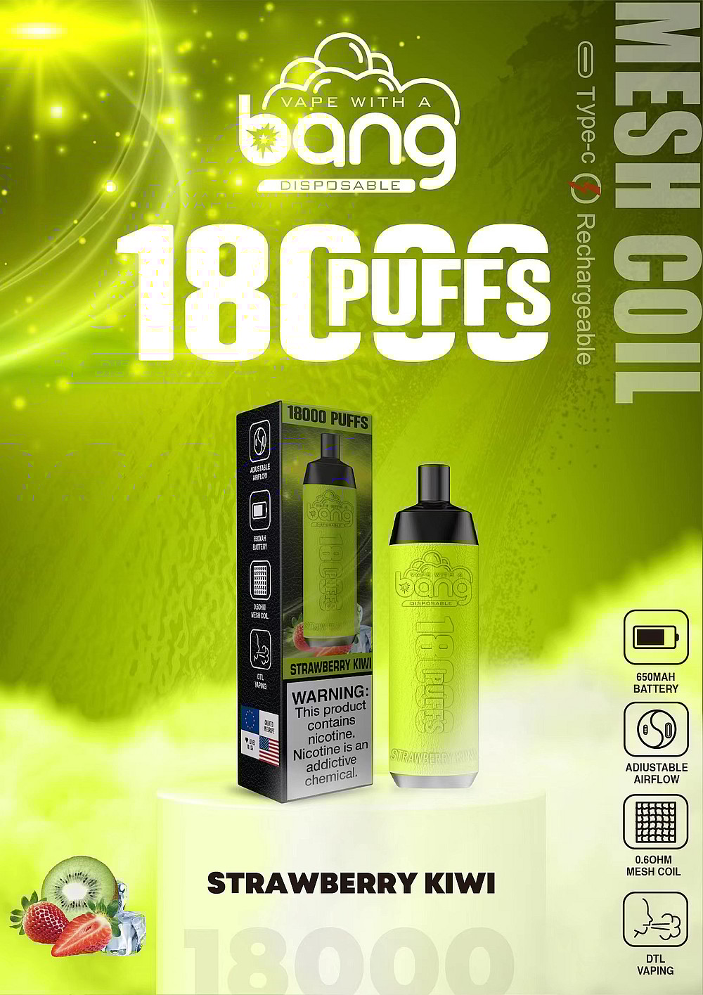 Embalaje de vape desechable Bang con 18.000 bocanadas, sabor a fresa y kiwi, batería recargable de 650 mAh, flujo de aire ajustable y bobina de malla de 0,6 ohmios.