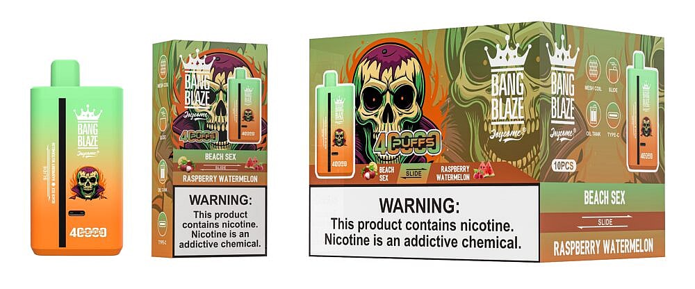 A colorful vape packaging featuring the 'Bang Blaze' brand, with a prominently displayed flavor labeled 'Raspberry Watermelon' and a skull graphic, alongside warning labels about nicotine.