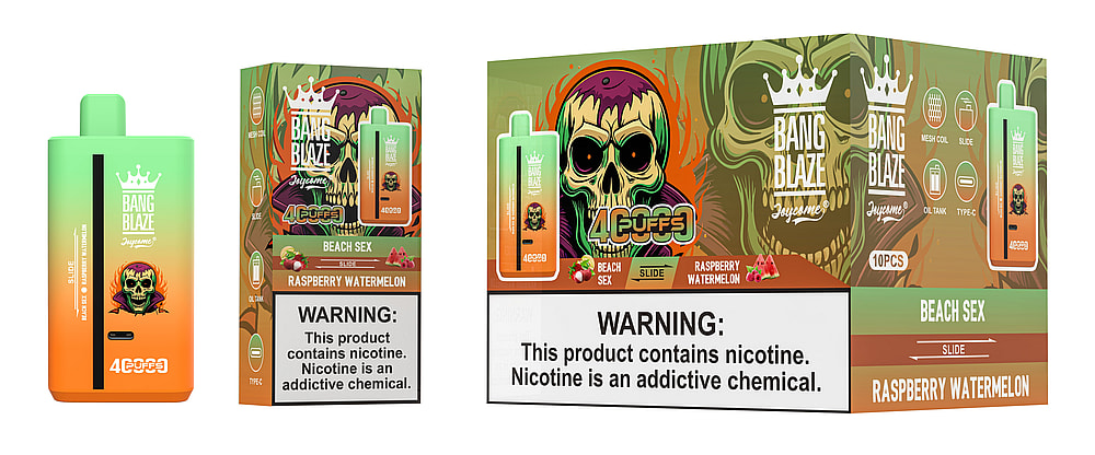 A colorful vape packaging featuring the 'Bang Blaze' brand, with a prominently displayed flavor labeled 'Raspberry Watermelon' and a skull graphic, alongside warning labels about nicotine.