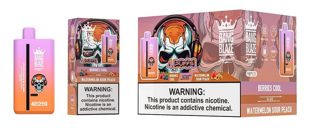 A colorful vape device box displaying the Bang Blaze brand, featuring an illustrated skull with headphones and flavors like 'Berries Cool' and 'Watermelon Sour Peach', along with a warning about nicotine addiction.