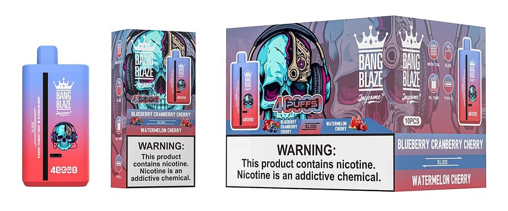A colorful packaging design for a vaping product, featuring a skull with headphones and the branding 'BANG BLAZE' alongside a warning label about nicotine addiction; images showcase flavors 'Blueberry Cranberry Cherry' and 'Watermelon Cherry', with a slide mechanism indicated on the device.