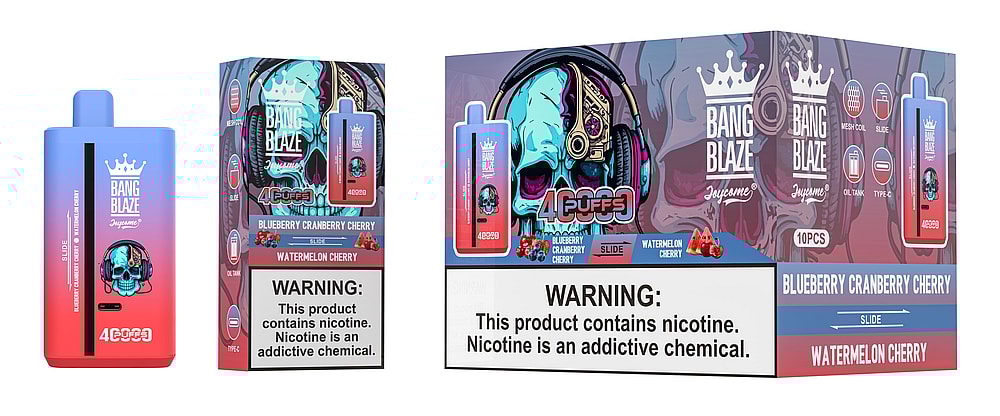 A colorful packaging design for a vaping product, featuring a skull with headphones and the branding 'BANG BLAZE' alongside a warning label about nicotine addiction; images showcase flavors 'Blueberry Cranberry Cherry' and 'Watermelon Cherry', with a slide mechanism indicated on the device.