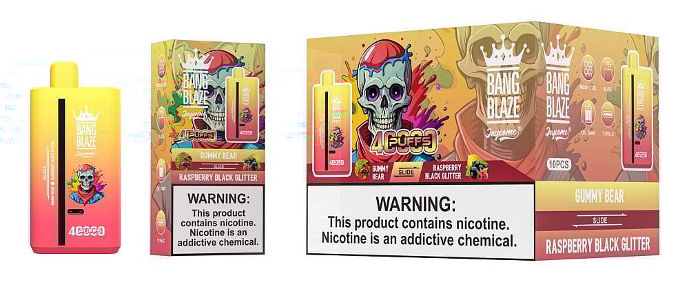 A vibrant packaging of Bang Blaze vape featuring a pink and yellow vape device labeled "Gummy Bear" and "Raspberry Black Glitter," accompanied by a cartoonish skull design, with warning labels prominently displayed about nicotine addiction.