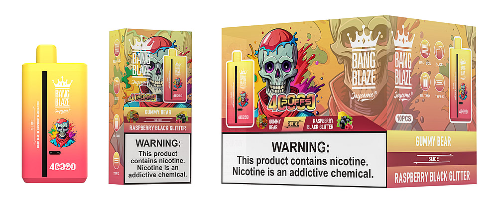 A vibrant packaging of Bang Blaze vape featuring a pink and yellow vape device labeled "Gummy Bear" and "Raspberry Black Glitter," accompanied by a cartoonish skull design, with warning labels prominently displayed about nicotine addiction.