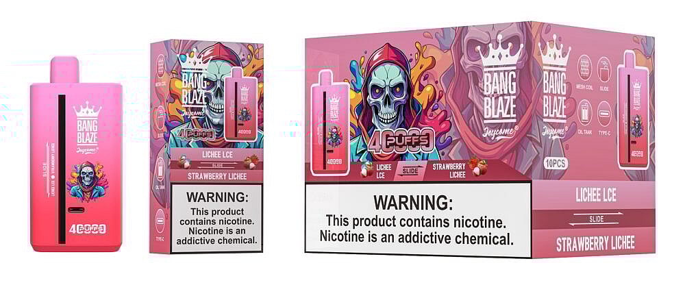 A colorful and eye-catching vape packaging featuring a pink vape device labeled 'Bang Blaze' on the left, and a large box on the right displaying vibrant graphics of a skull with a hood, along with product information and warnings about nicotine addiction, indicating flavors 'Lichee LCE' and 'Strawberry Lichee'.